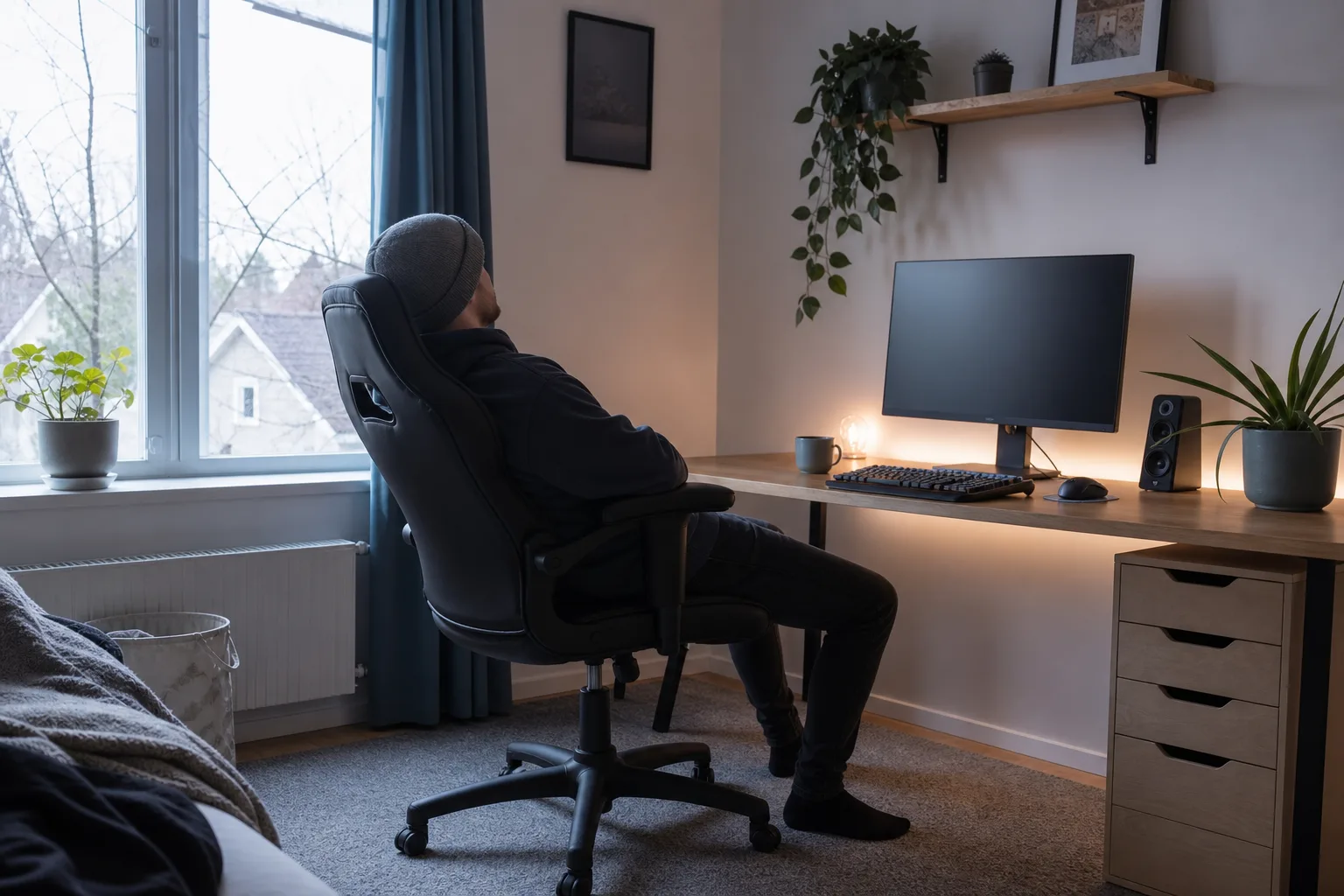Person sedd från sidan lutar sig avslappnat i en gamingstol framför en avstängd skärm mitt på dagen