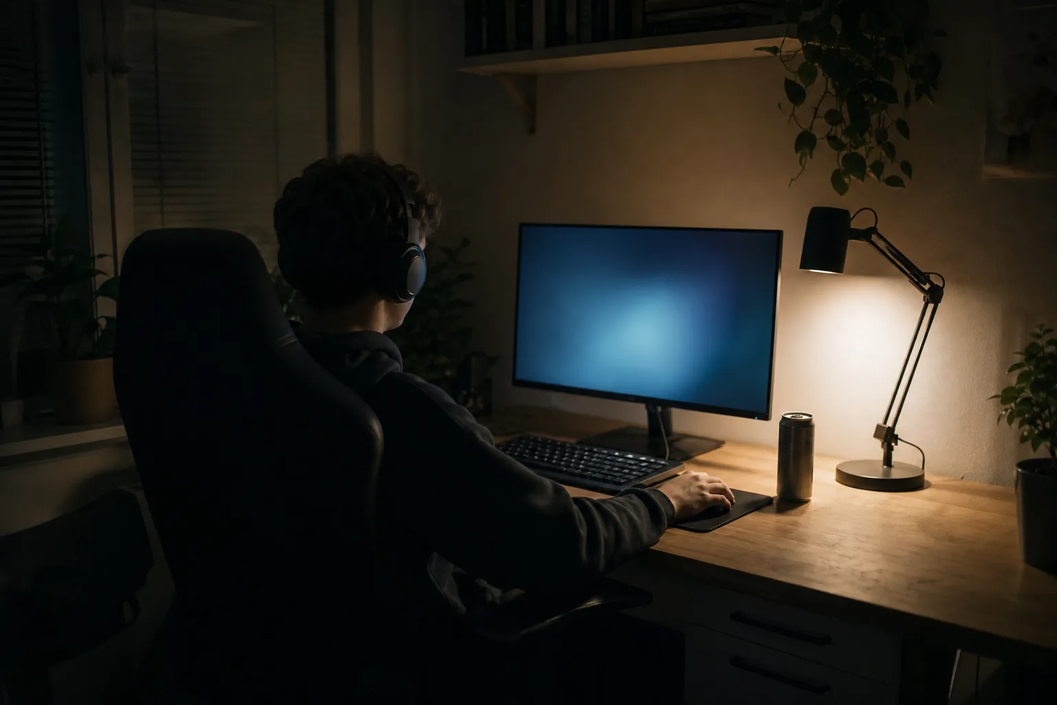Energidryckburk i neutral färg bredvid tangentbordet i en mörk spelhörna sent på natten