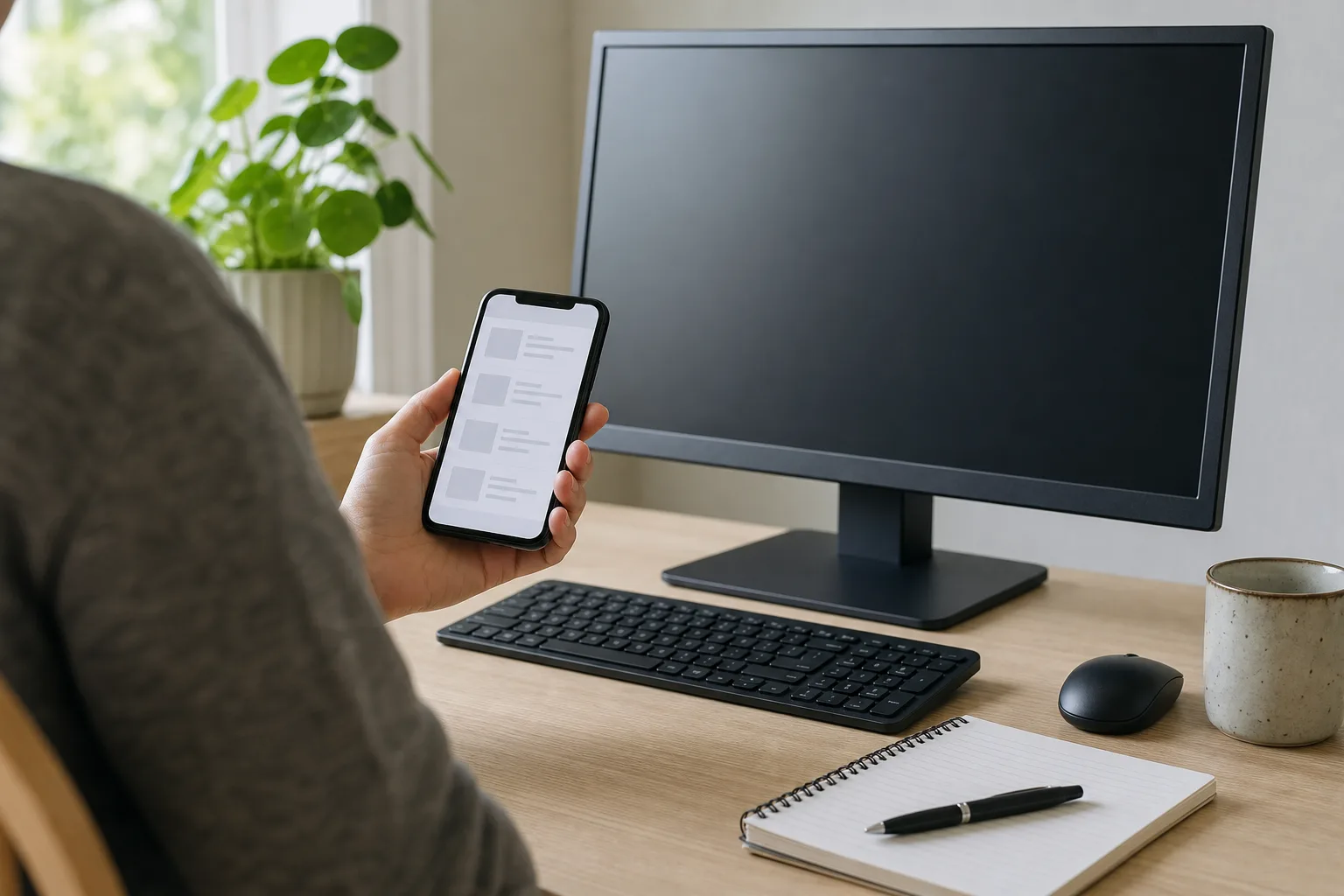 Hand med telefon och prisjämförelsesida framför en avstängd skärm i ett fotohörn