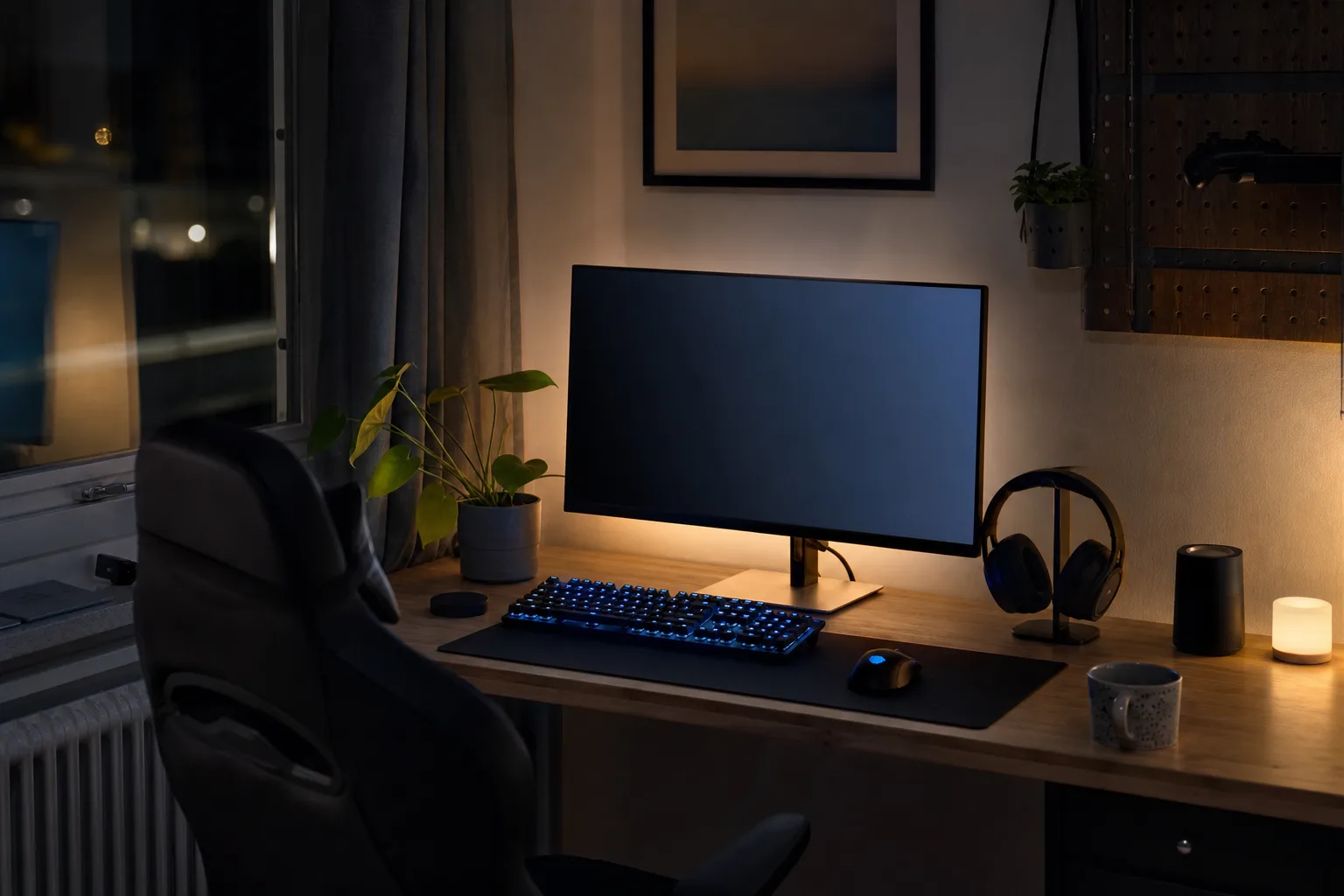 Avstängd skärm bland gamingtillbehör i en spelhörna på kvällen