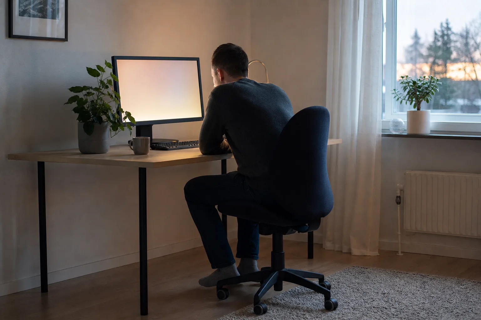 Person bakifrån granskar ytan på en äldre, avstängd skärm på ett bord