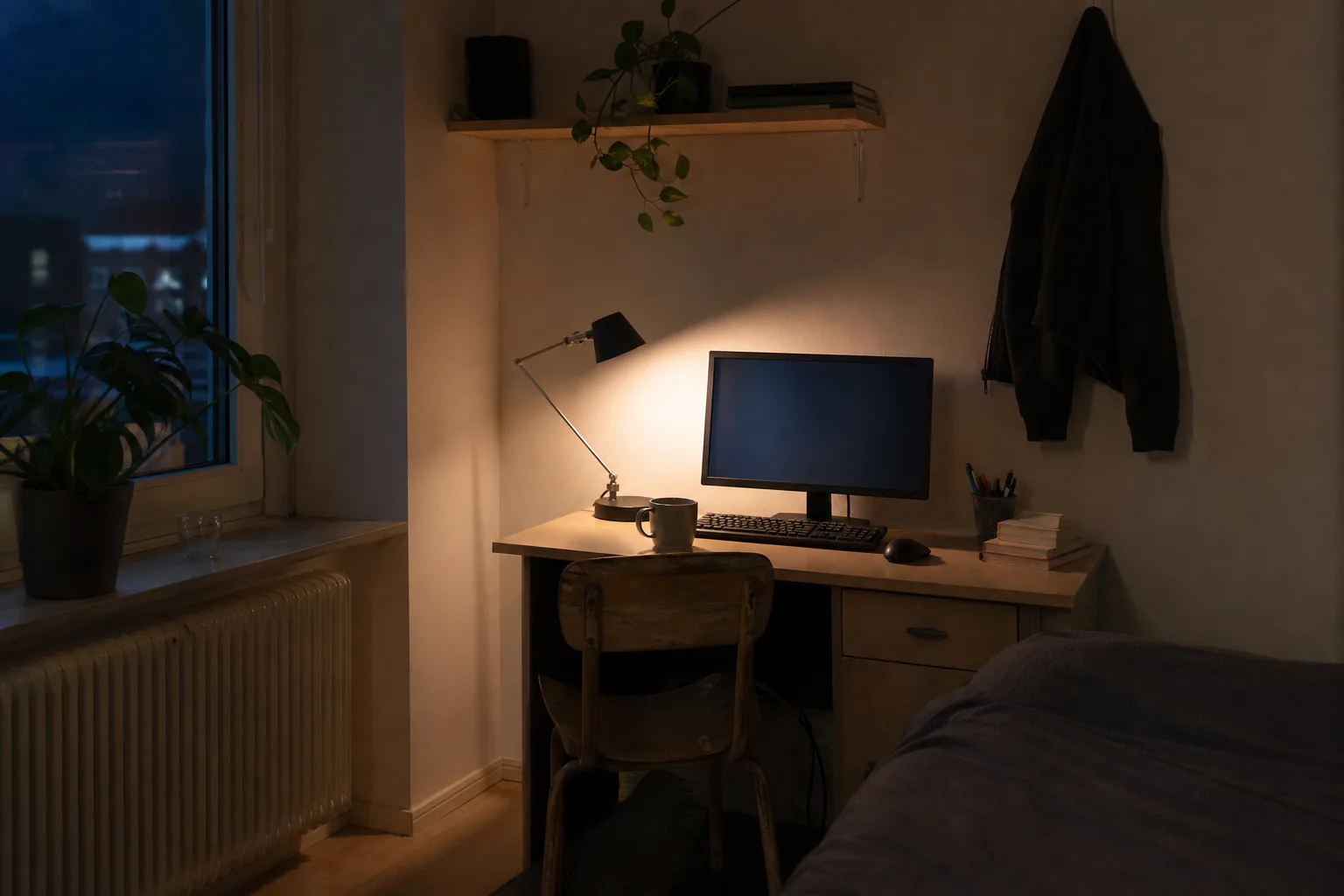 Kompakt skärm på ett smalt skrivbord i ett studentrum, upplyst av en bordslampa