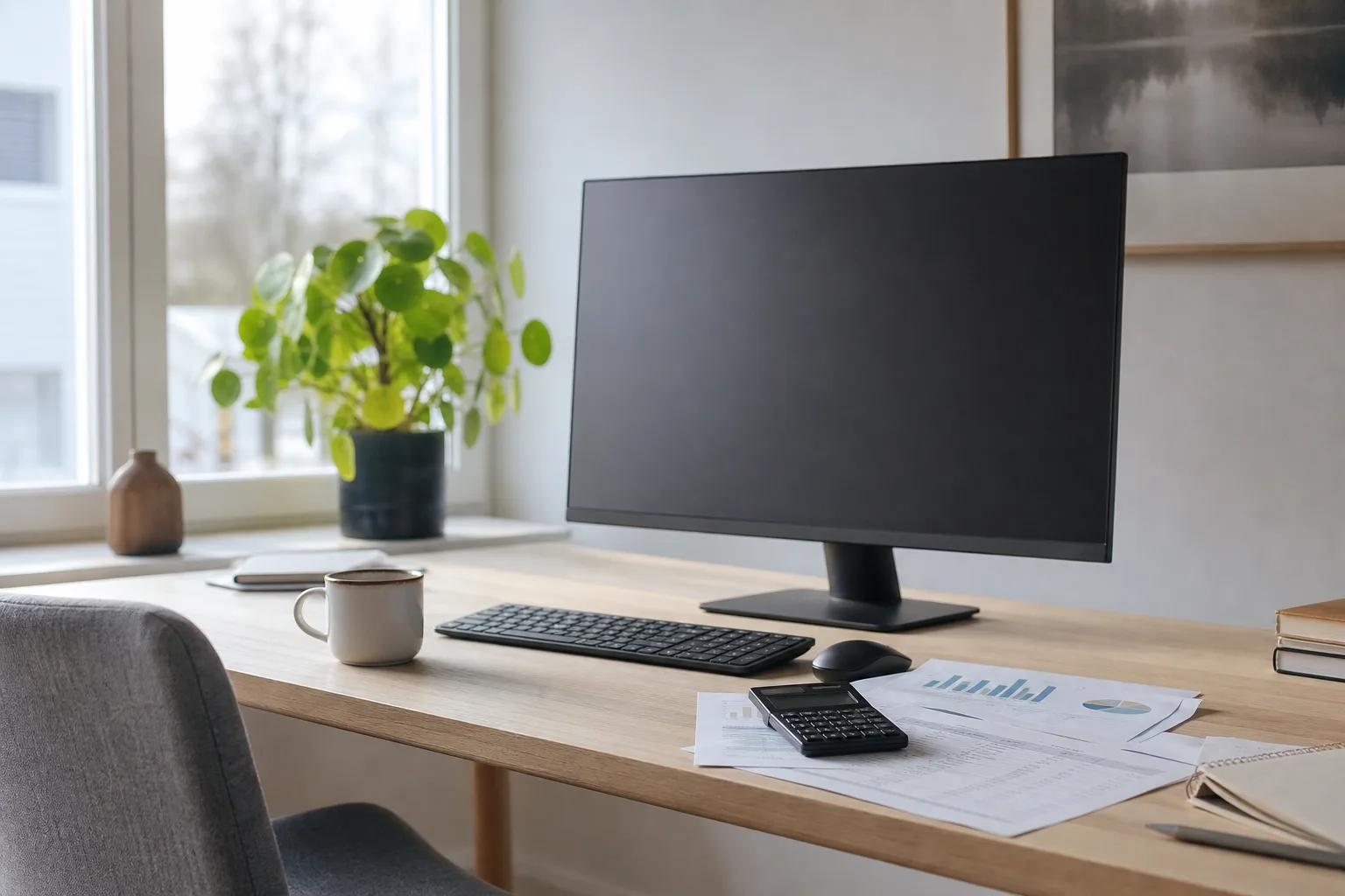Suddiga utskrivna diagram och en miniräknare bredvid en avstängd skärm på ett skrivbord