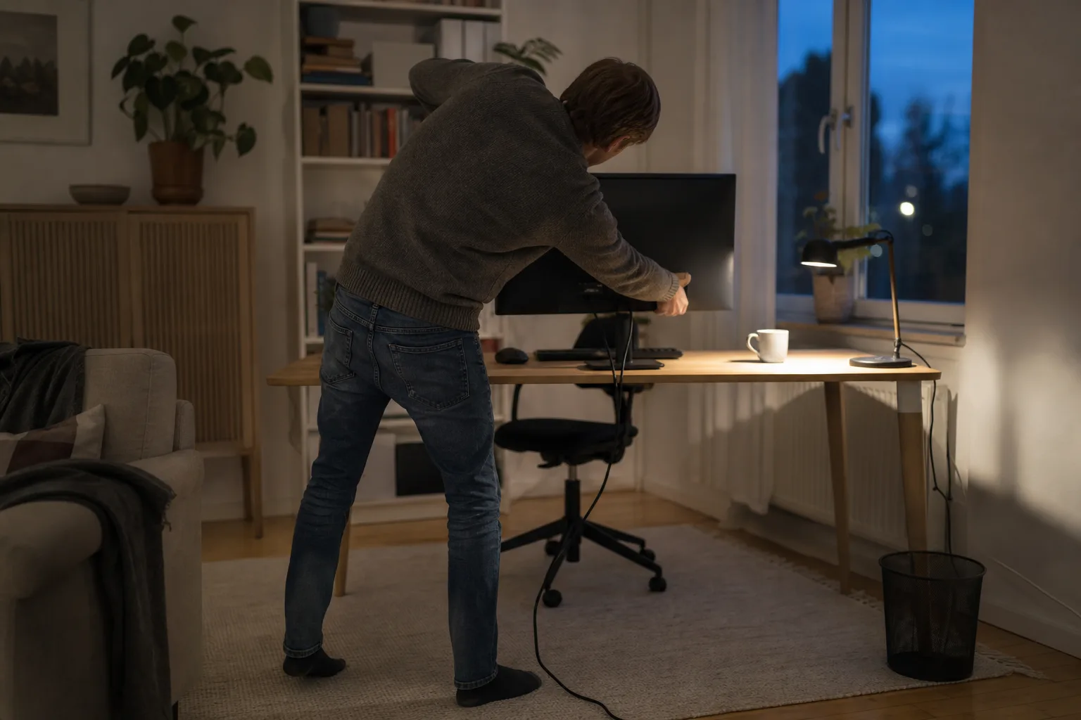 Person bakifrån lutar sig bakom en skärm och kontrollerar kabelanslutningarna