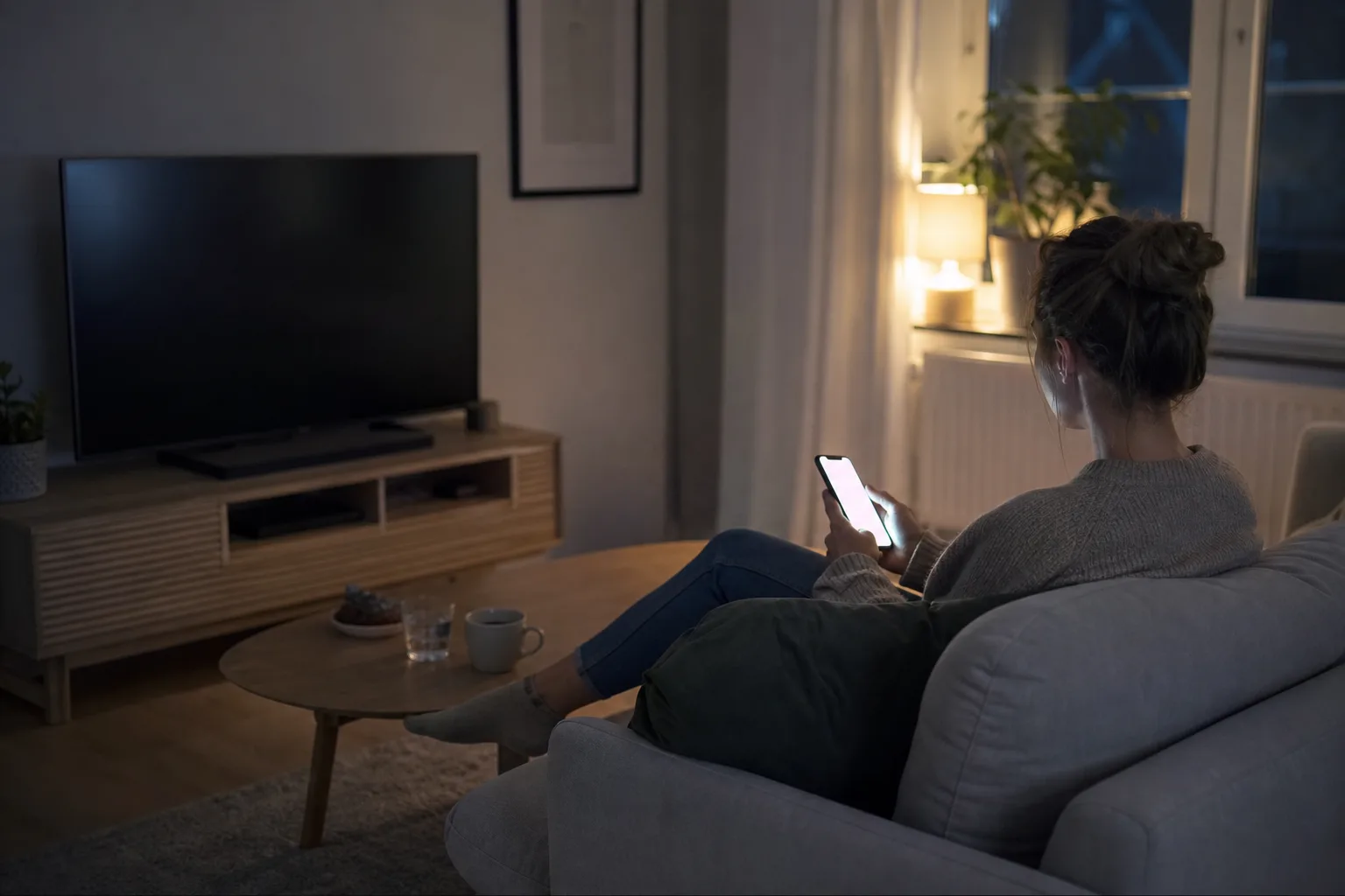 Person i soffan jämför priser i telefonen med en avstängd skärm synlig på tv-bänken