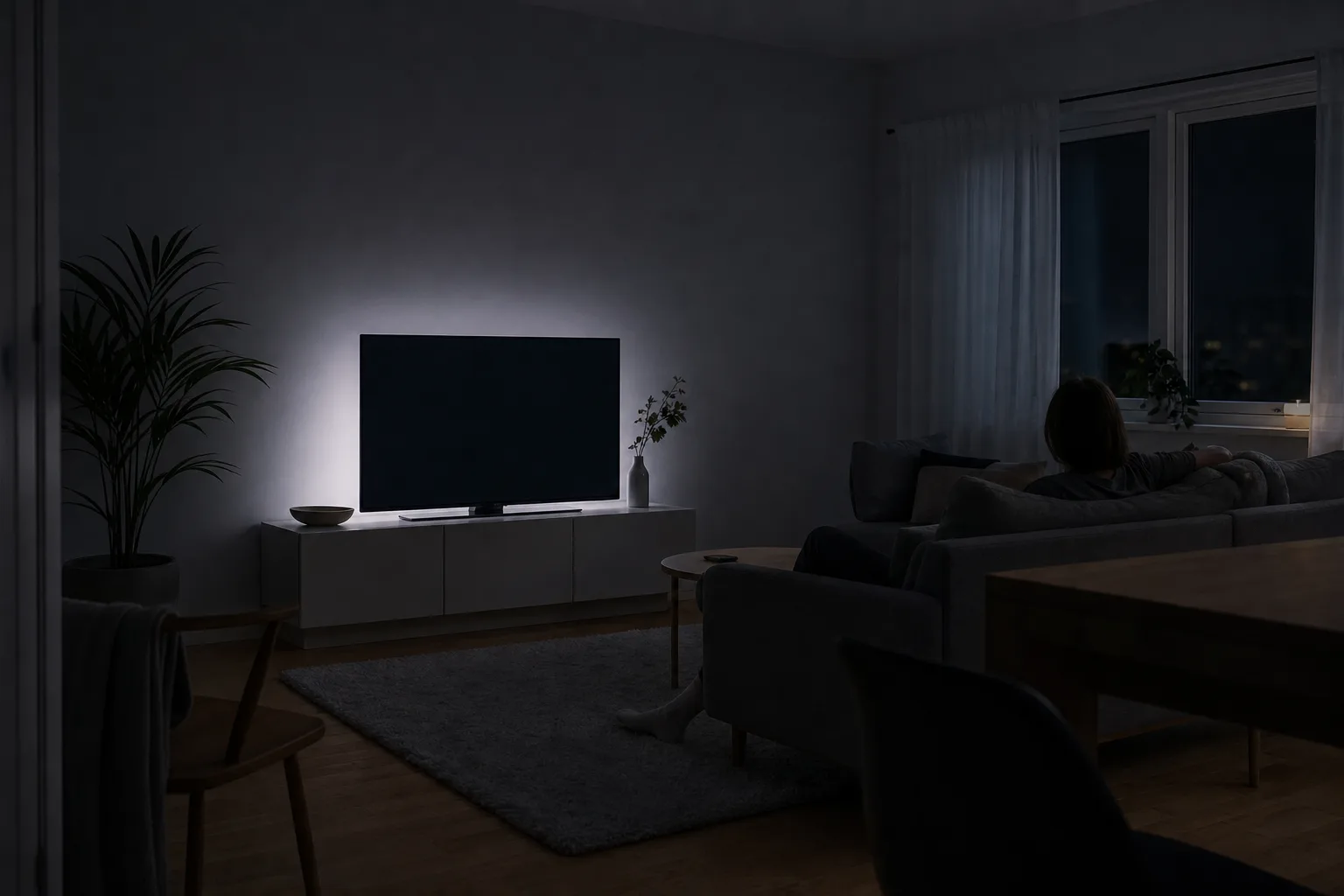 Avstängd skärm som lyser svagt på en tv-bänk i ett mörklagt vardagsrum