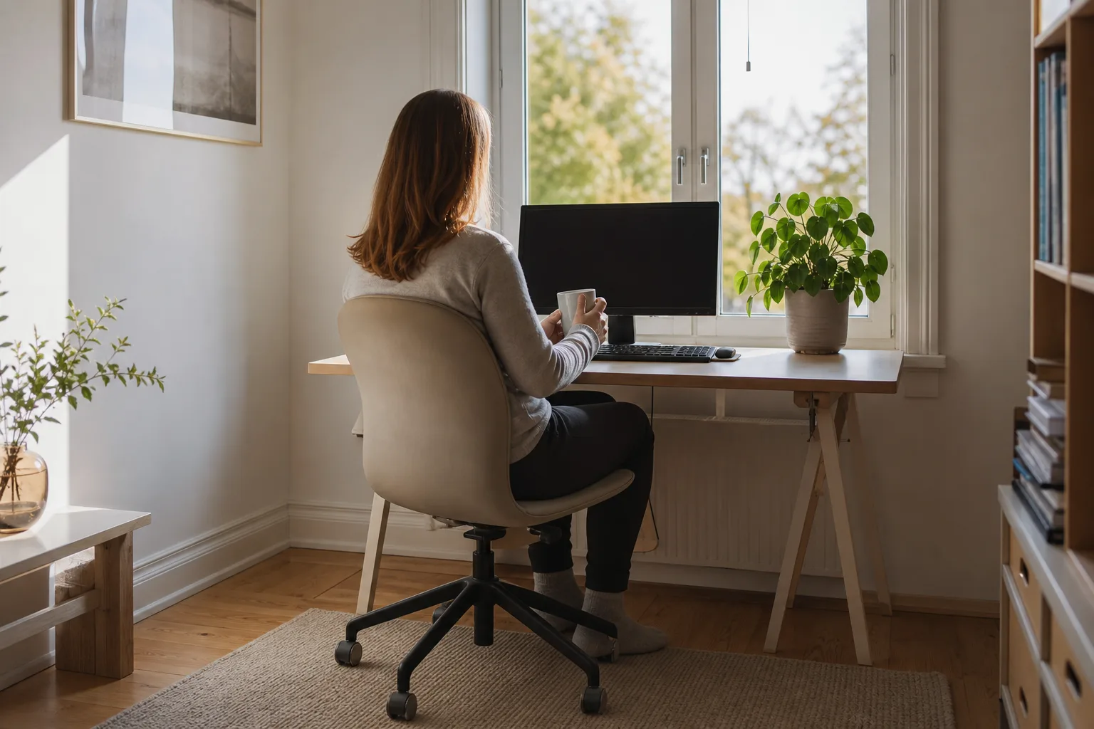 Person bakifrån vid ett skrivbord med kaffekopp och en avstängd skärm i eftermiddagsljus