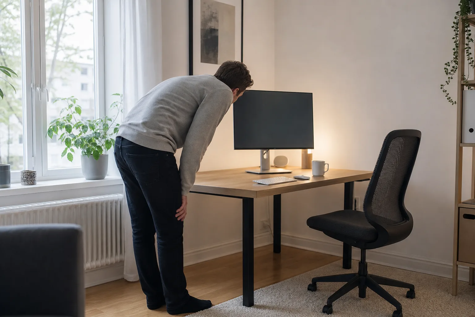 Person sedd från sidan studerar noga ytan på en avstängd skärm