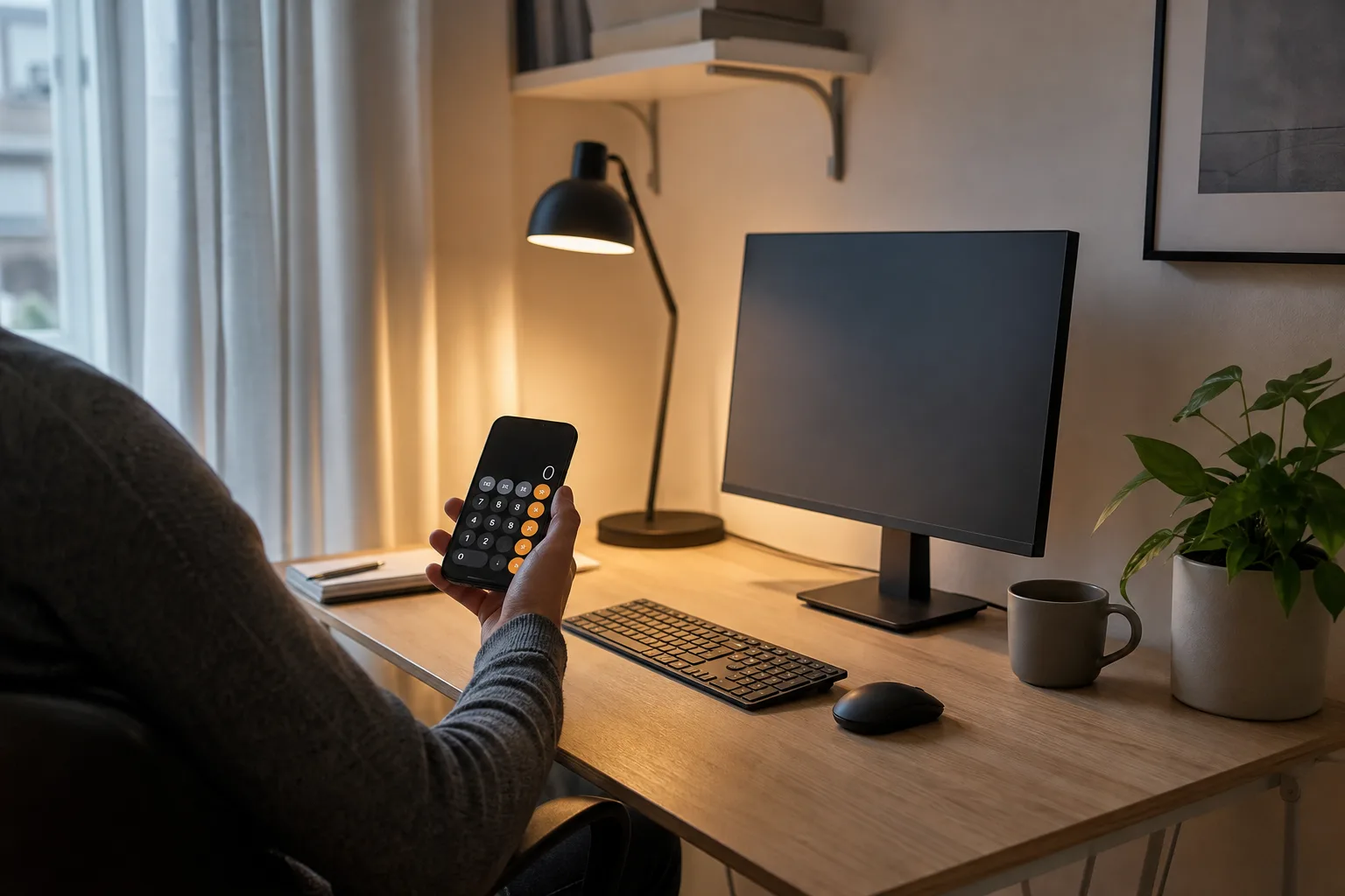 Hand med telefonens miniräknarapp bredvid en kompakt skärm på ett smalt skrivbord