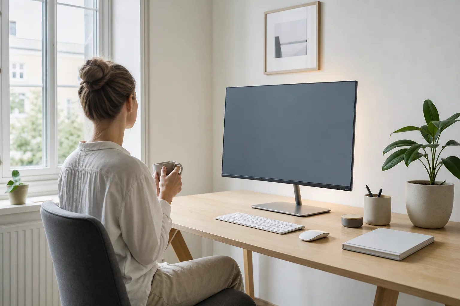 Avstängd skärm i neutral design på ett städat skrivbord i ett ljust hemmakontor