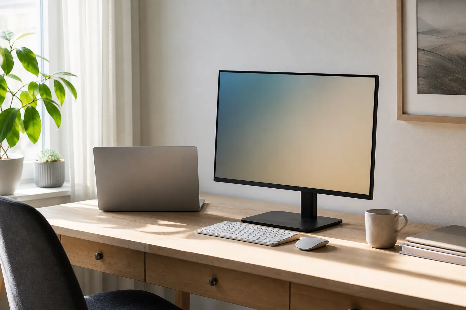 Bärbar dator bredvid en extern skärm som visar ett neutralt färgfält i ett ljust hemmakontor