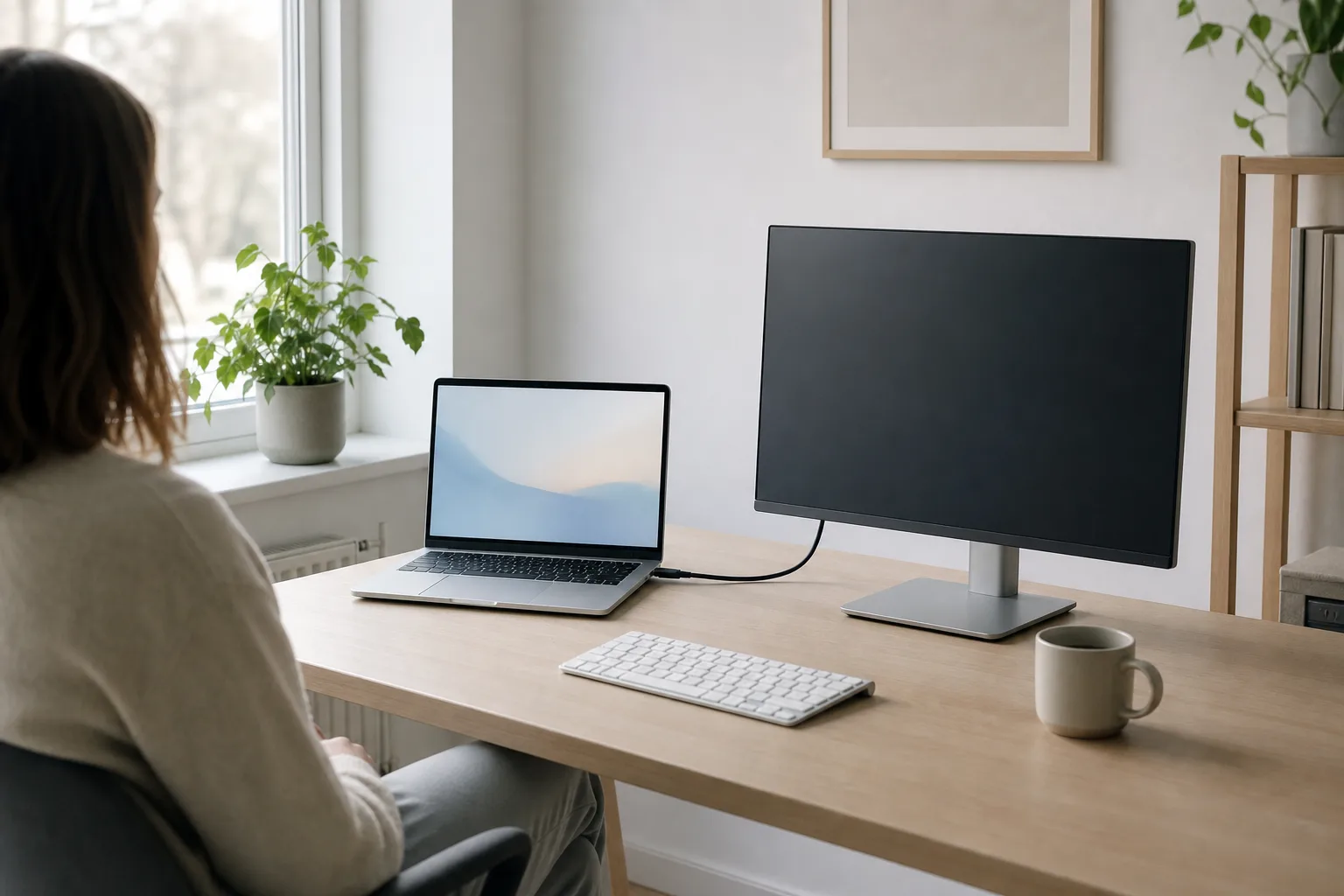 Bärbar dator bredvid en avstängd extern skärm på ett minimalistiskt skrivbord