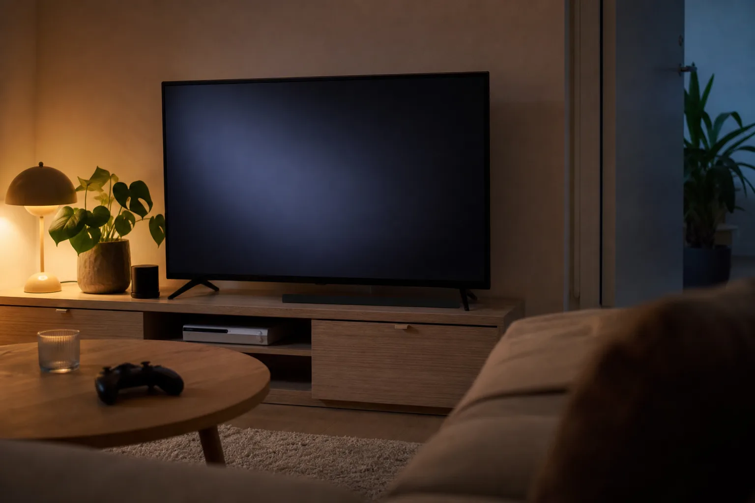 Spelkontroll på soffbordet framför en avstängd skärm på en tv-bänk med konsol