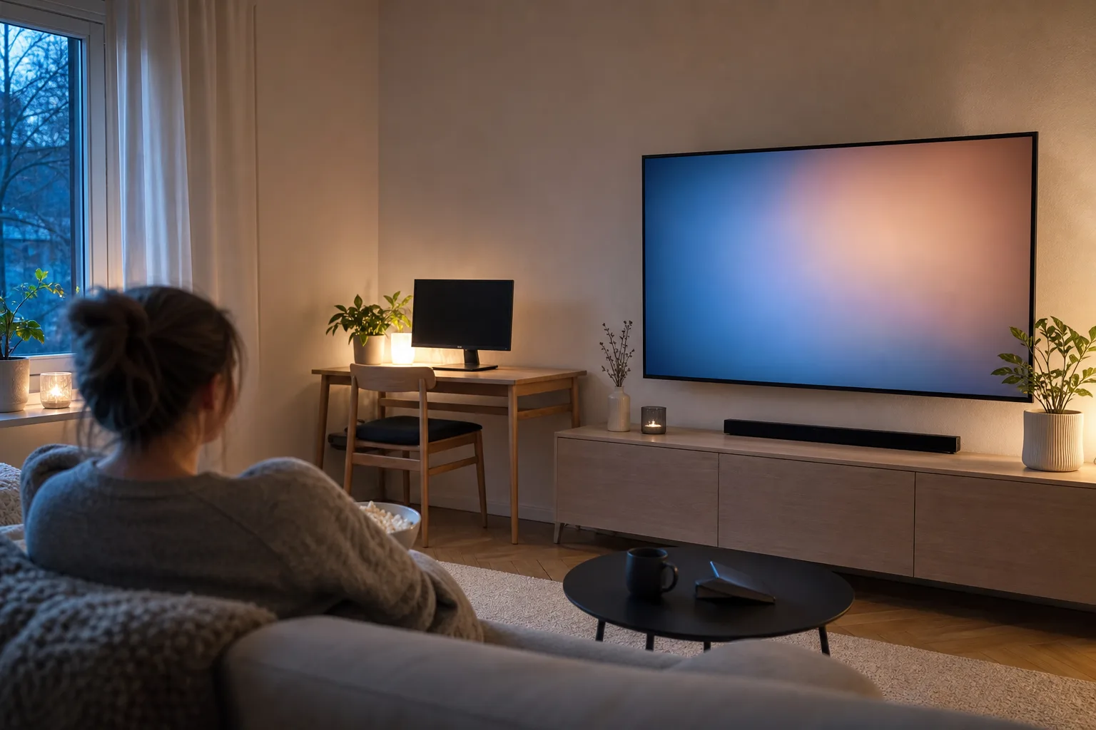 Väggmonterad skärm ovanför en tv-bänk och ett skrivbord med en mindre skärm i samma rum