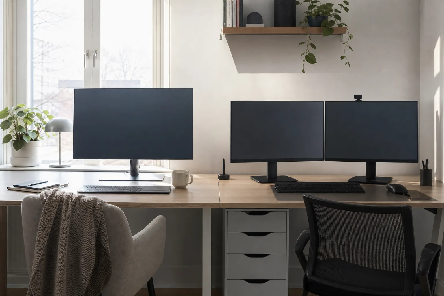 Ett skrivbord med en bred skärm på ena halvan och två separata skärmar på den andra