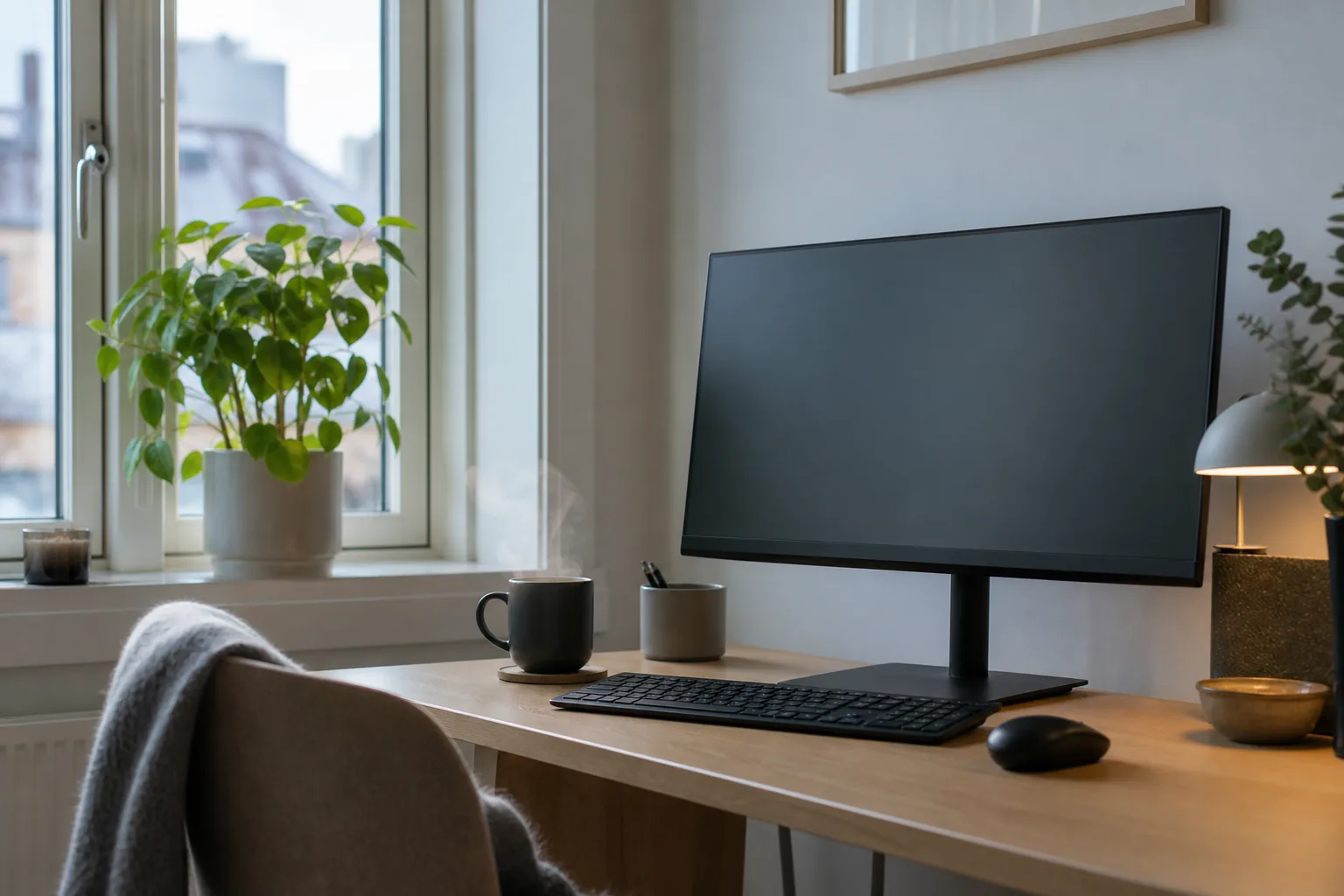 Kaffekopp bredvid en avstängd skärm på ett skrivbord i ett mysigt hemmakontor