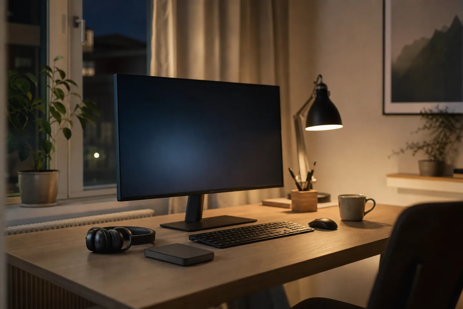 Hörlurar och en extern hårddisk bredvid en avstängd skärm i en kreativ hörna