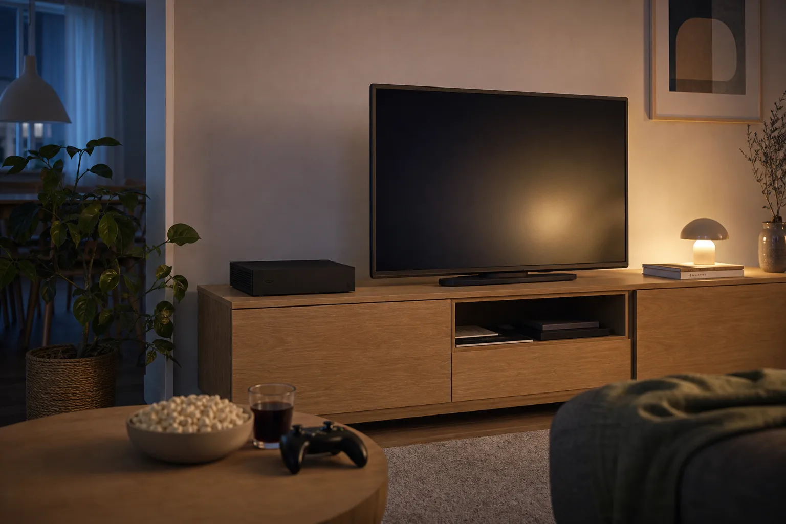 Omärkt spelkonsol och spelkontroll framför en avstängd skärm på en tv-bänk