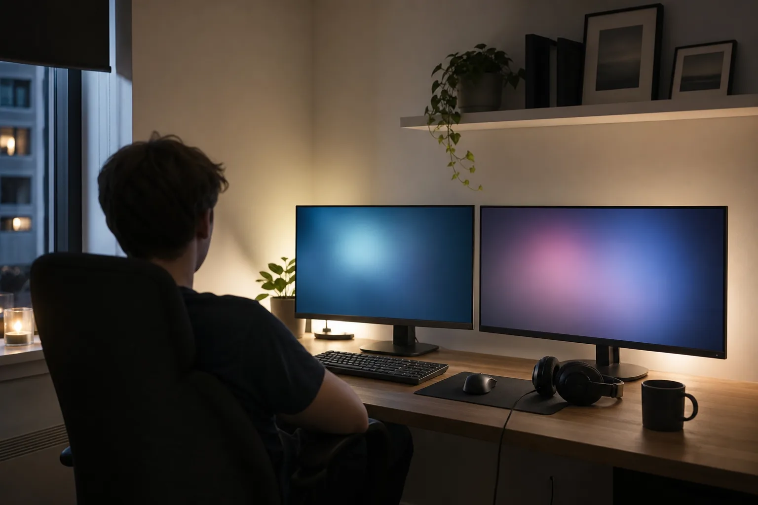 Två gamingskärmar i medelklass sida vid sida i en spelhörna på kvällen