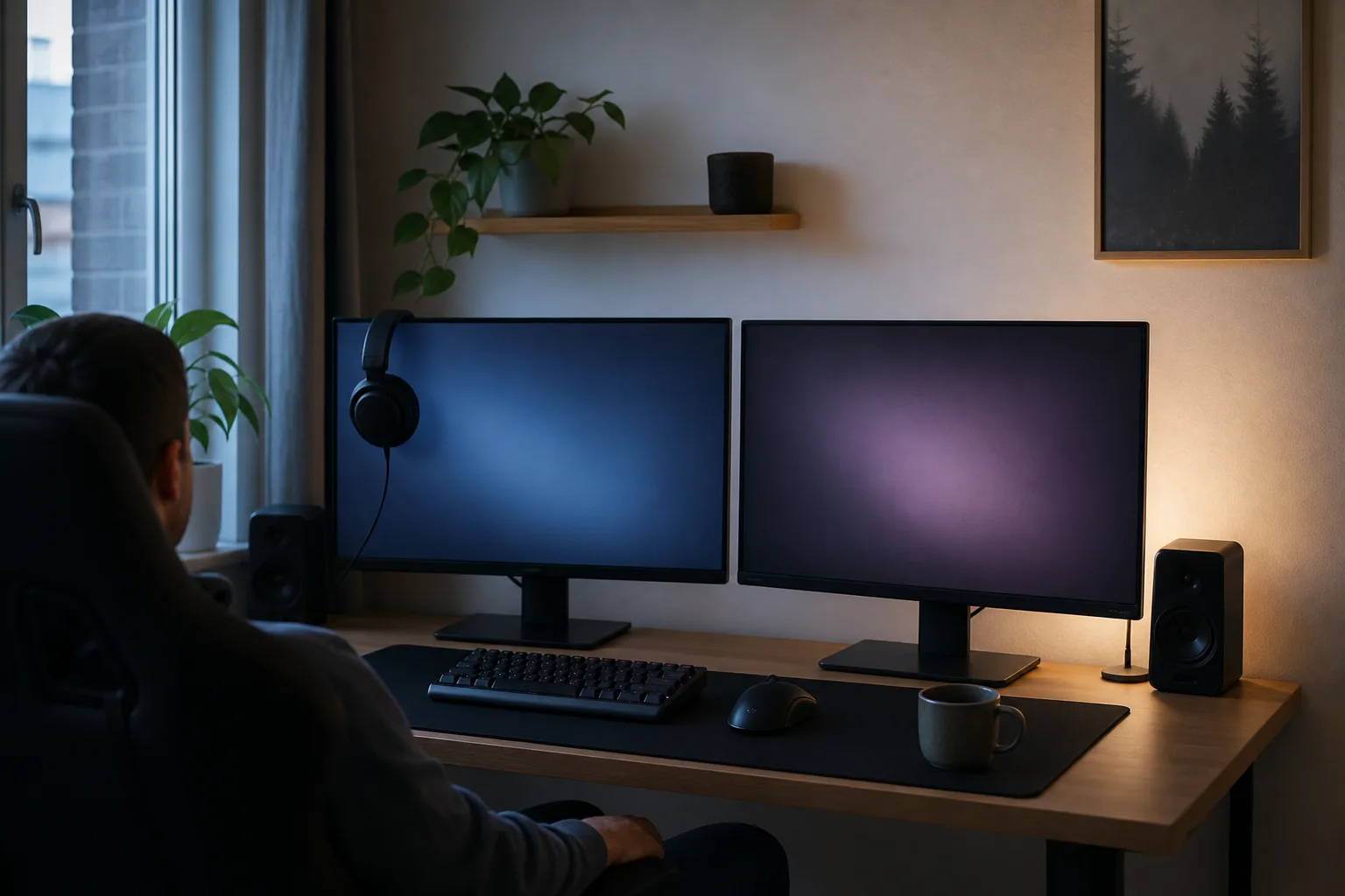 Två liknande avstängda gamingskärmar sida vid sida i en spelhörna på kvällen